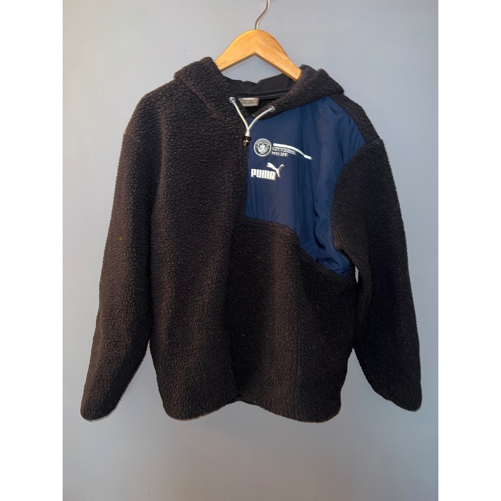 Puma Manchester City FC Sherpa Fleece Hoodie Black Navy Blue Mens Medium